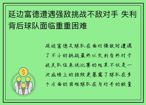 延边富德遭遇强敌挑战不敌对手 失利背后球队面临重重困难
