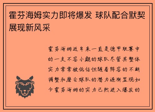 霍芬海姆实力即将爆发 球队配合默契展现新风采