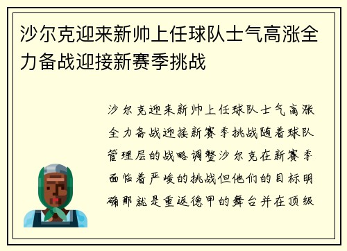 沙尔克迎来新帅上任球队士气高涨全力备战迎接新赛季挑战
