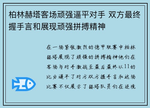 柏林赫塔客场顽强逼平对手 双方最终握手言和展现顽强拼搏精神