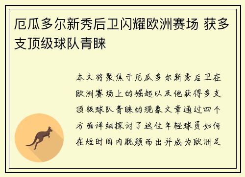 厄瓜多尔新秀后卫闪耀欧洲赛场 获多支顶级球队青睐