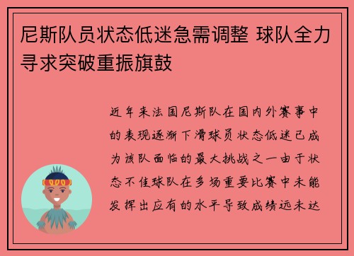 尼斯队员状态低迷急需调整 球队全力寻求突破重振旗鼓