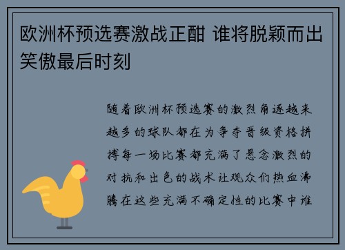 欧洲杯预选赛激战正酣 谁将脱颖而出笑傲最后时刻
