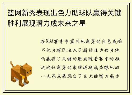 篮网新秀表现出色力助球队赢得关键胜利展现潜力成未来之星